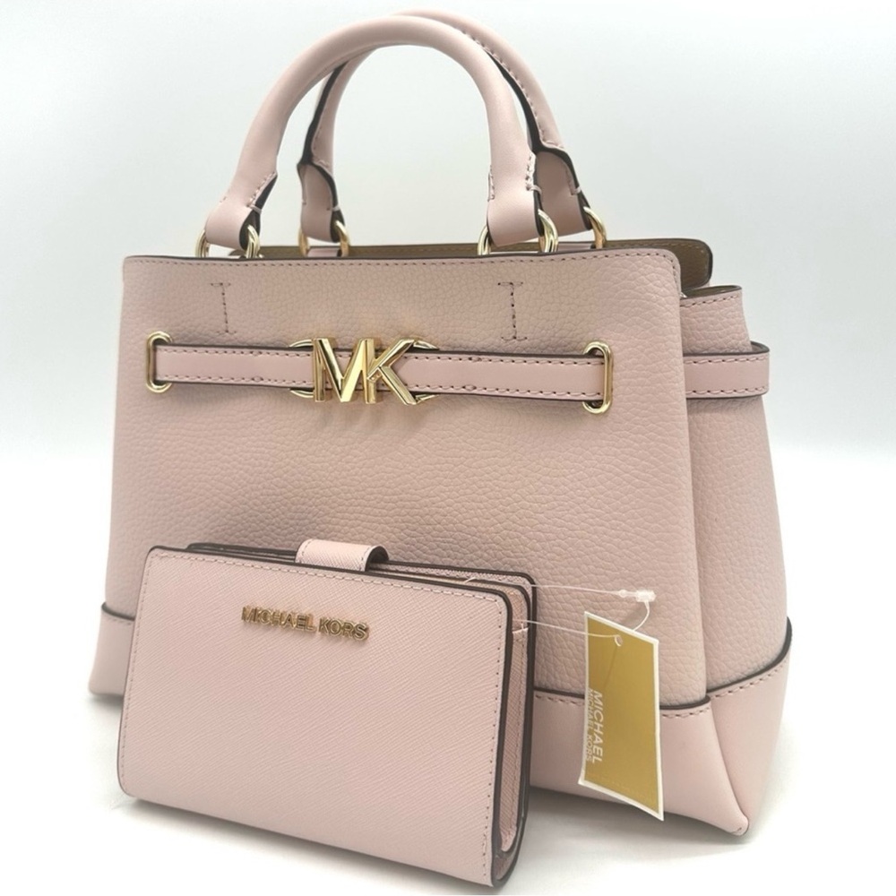 Michael Kors Reed Small Satchel Crossbody Bag & MD Bifold Zip Chain Wallet Pink - Picture 3 of 14